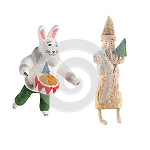 New Year`s handmade vintage papier-mache toys Santa Claus and rabbit isolated on white background