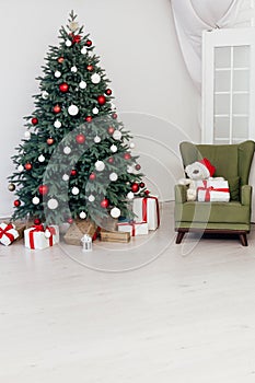 New Year`s Happy Christmas Tree decor presents interior postcard