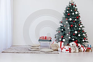 New Year`s Happy Christmas Tree decor presents interior postcard