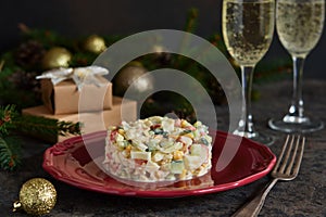 New Year`s holiday salad with crab and corn on the table.