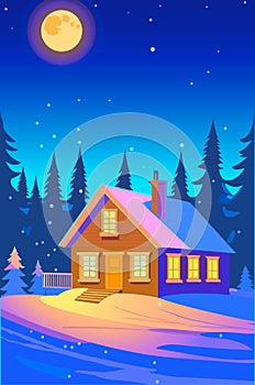 New Year\'s house in the night snowy forest