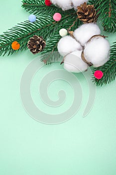 New Year's layout. Natural Christmas decorations on a mint background. With copy space, close up. Vertical photo