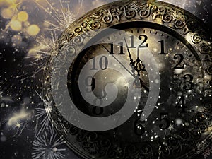 new Year& x27;s at midnight - clock at twelve o& x27;clock with holiday lights and fireworks