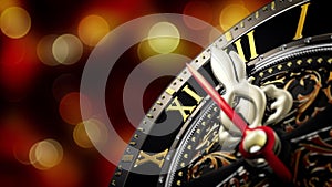 New Year`s at midnight - Old clock with stars snowflakes on bokeh background. 4K