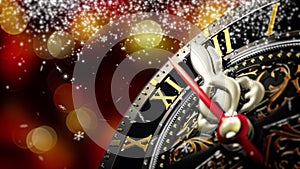 New Year`s at midnight - Old clock with stars snowflakes on bokeh background. 4K