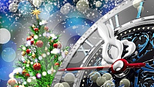 New Year`s at midnight - Old clock with stars snowflakes and holiday lights.