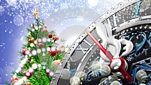 New Year`s at midnight - Old clock with stars snowflakes and holiday lights.