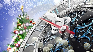 New Year`s at midnight - Old clock with stars snowflakes and holiday lights.
