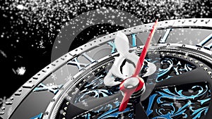 New Year`s at midnight - Old clock with stars snowflakes and holiday lights.