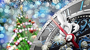 New Year`s at midnight - Old clock with stars snowflakes and holiday lights.