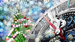 New Year`s at midnight - Old clock with stars snowflakes and holiday lights.