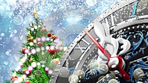 New Year`s at midnight - Old clock with stars snowflakes and holiday lights. 4K