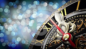 New Year`s at midnight - Old clock with stars snowflakes and holiday lights. 4K