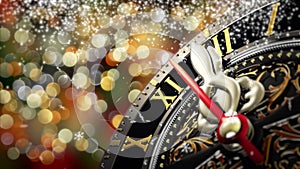 New Year`s at midnight - Old clock with stars snowflakes and holiday lights. 4K