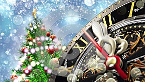 New year`s at midnight - old clock with stars snowflakes and holiday lights. 4K