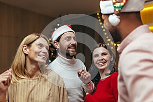 New Year& x27;s party of various widowed friends, men and women close up dancing and happy smiling and hugging