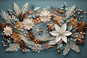 New Year\'s pattern of cinnamon flowers, New Year\'s branches, leaves and berries on a blue background. Generative ai