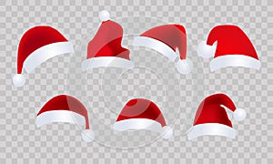 New Year`s red hat. Realistic set of red santa hats