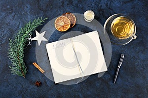 New Year's resolutions, flat lay overhead shot with the handwritten word plan and copy space, on a dark blue background