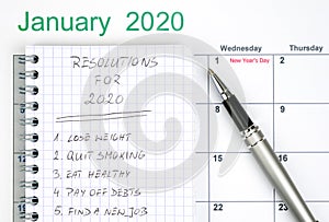 New Year`s Resolutions listed in a circular notepad