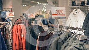 New Year`s sale in the clothing store, discounts 30%