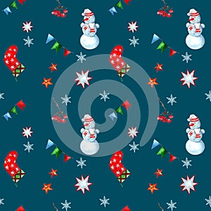 New Year`s seamless pattern snowmen, sock, snowflakes, flags. Merry Christmas. Winter festive decor blue background.