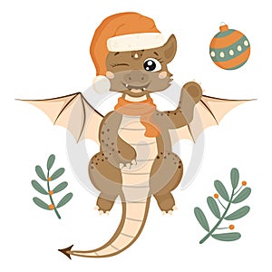 New Year\'s set in cartoon style. A cute dragon in a Santa Claus hat and a warm scarf, a Christmas ball, plants