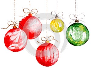 New Year`s, set toys balls for Christmas tree decoration in red, green, yellow colors. Watercolor drawing.