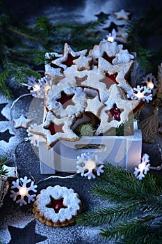 New Year`s still life. Linzer biscuits and Christmas paraphernalia.