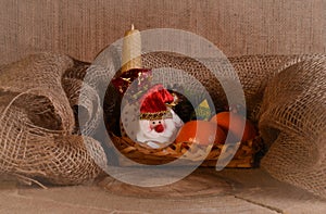 New Year`s still-life with tangerines, chocolate and a fur-tree branch