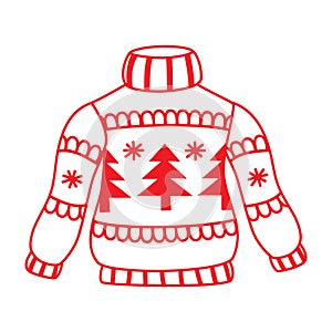 New Year`s sweater with Christmas trees cheerful contour