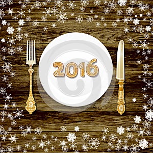 New Year's table in 2016. cutlery on a wooden table.vector illustration