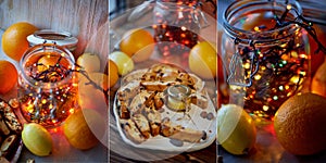 New year`s table.Garland, glowing in a glass jar. Among the citrus. Collage
