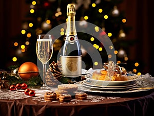 New Year\'s table setting, glass, cutlery, bottle of champagne, gifts New Year tree