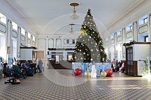 New Year's tree in the ticket hall of the old railway station, Rybinsk. Russia