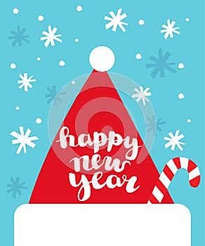 New Year`s vector background with Santa Claus hat. santa cap on a blue background with snowflakes, the inscription `happy new year