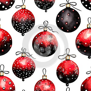 New Year's watercolor seamless pattern of black and red Christmas balls on white background