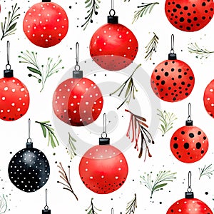 New Year's watercolor seamless pattern of black and red Christmas balls on white background