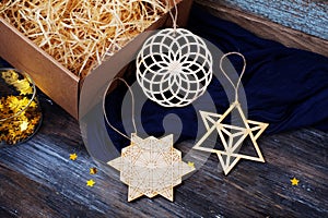 New Year`s wooden toys, space, geometric