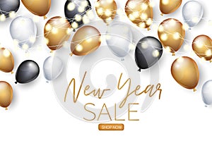 New Year sale banner. Winter holiday design concept with golden, white, and black balloons and garland lights.  Party invitation o