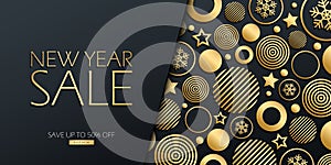 New Year Sale special offer luxury banner with gold colored christmas balls, stars and snowflakes on black background.