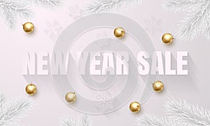 New Year Sale white poster banner golden luxury Christmas balls