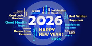 best wishes 2026 happy new year typography on blue background. new year eve 2026.