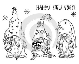 New year Scandinavian gnomes. Cute gnome character with dessert and gnome girl with lollipop. Vector illustration. hand