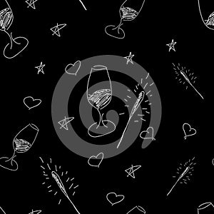 New year seamless pattern with champagne and sparks. Black and white lines of design art. Vector Illustration