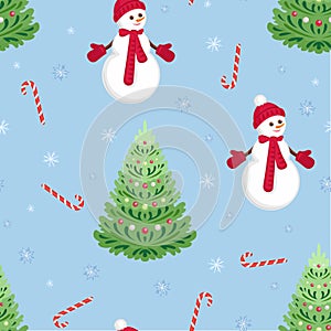 New Year seamless pattern. Cute snowmen, beautiful Christmas trees, Christmas candies and snowflakes on a blue background.