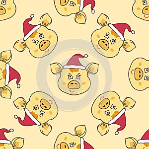 New year seamless pattern with pigs fase in hat on a yellow background.Vector illustration.Print