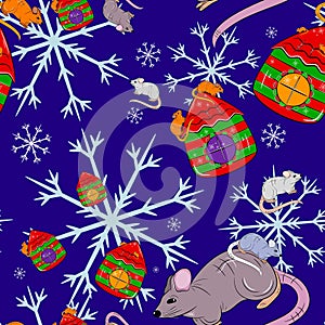 New Year Seamless Pattern with rats, snowflakes and Christmas houses.
