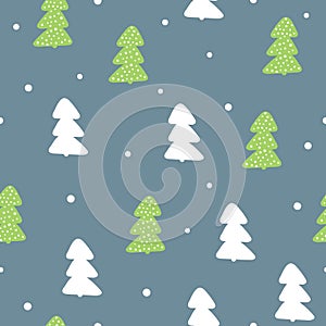 New Year seamless pattern. Repeated silhouettes of trees and round snowflakes.