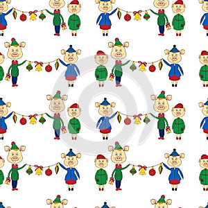 New year seamless pattern with yellow pigs and Christmas toy on a white background.